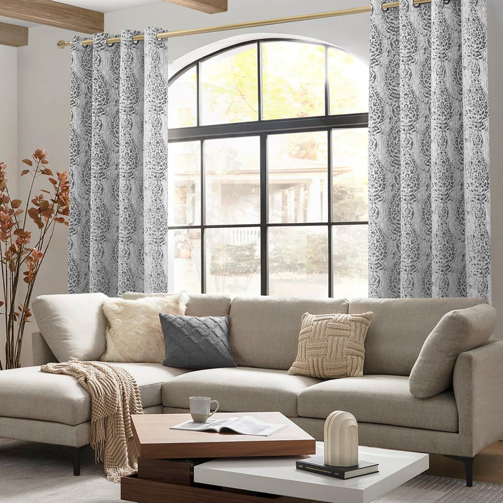 Grey and White Geometric Moroccan Patterned Curtains 84 Inches Long 50% Blackout Room Darkening Damask Modern Stylish