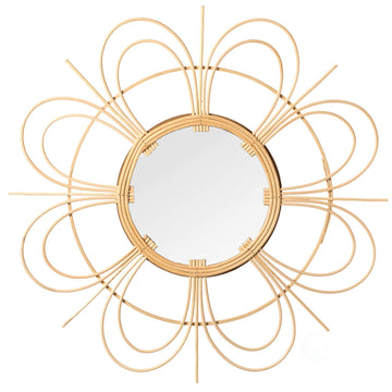 Vintiquewise Decorative Flower Shape Woven Rattan Wood Round Modern Hanging Wall Mirror