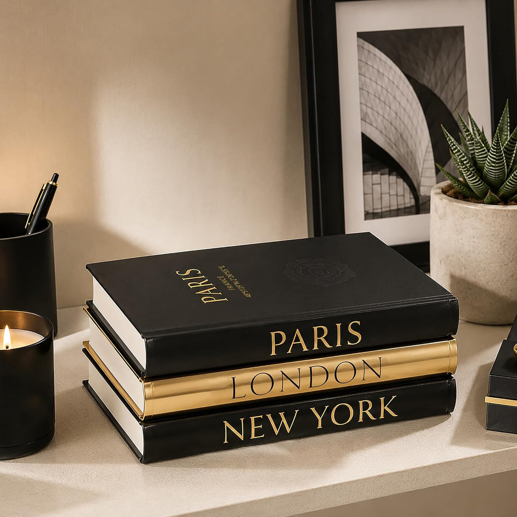Decorative Books Decor - Coffee Table Books, Set of 3 | Bookshelf Decor, Faux Hardcover Books, Black & Gold Design