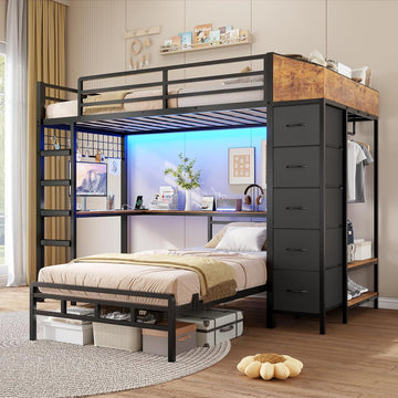 Bunk Bed Twin Over Twin with Hall Tree, Charging Station and LED Lights, L-Shaped Bunk Bed with Desk