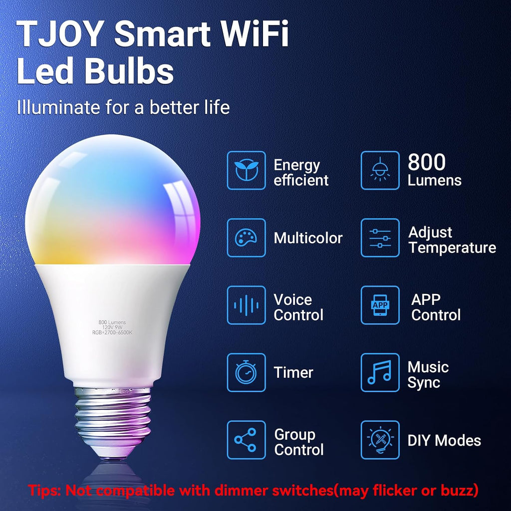 4 Pack Smart Light Bulbs, Bluetooth WiFi Led Bulb Work with Alexa &Google Assistant, RGB Color Changing Alexa Bulbs