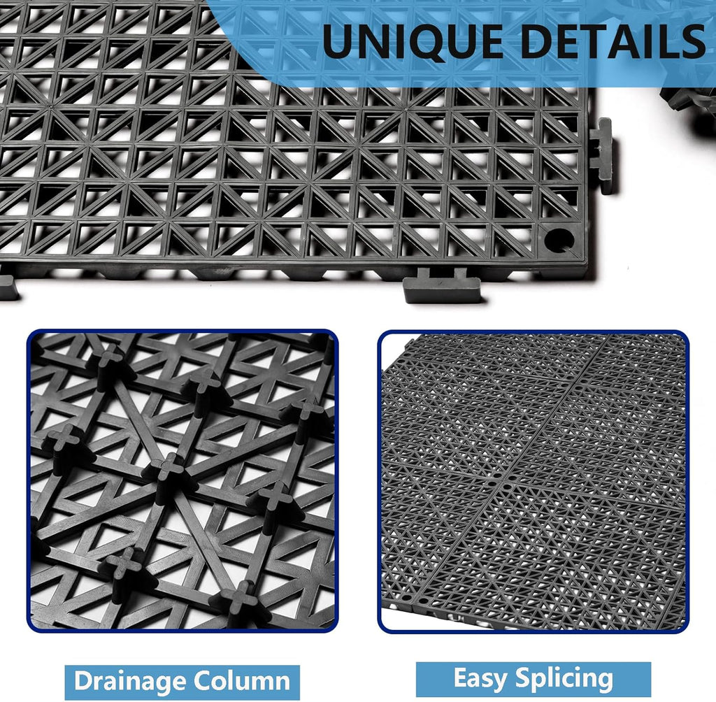 12” x 12” Drainage Interlocking Floor Tiles, 12 Pack Non-Slip Pool Deck Drain Mats for Flooring, Soft PVC Splicing