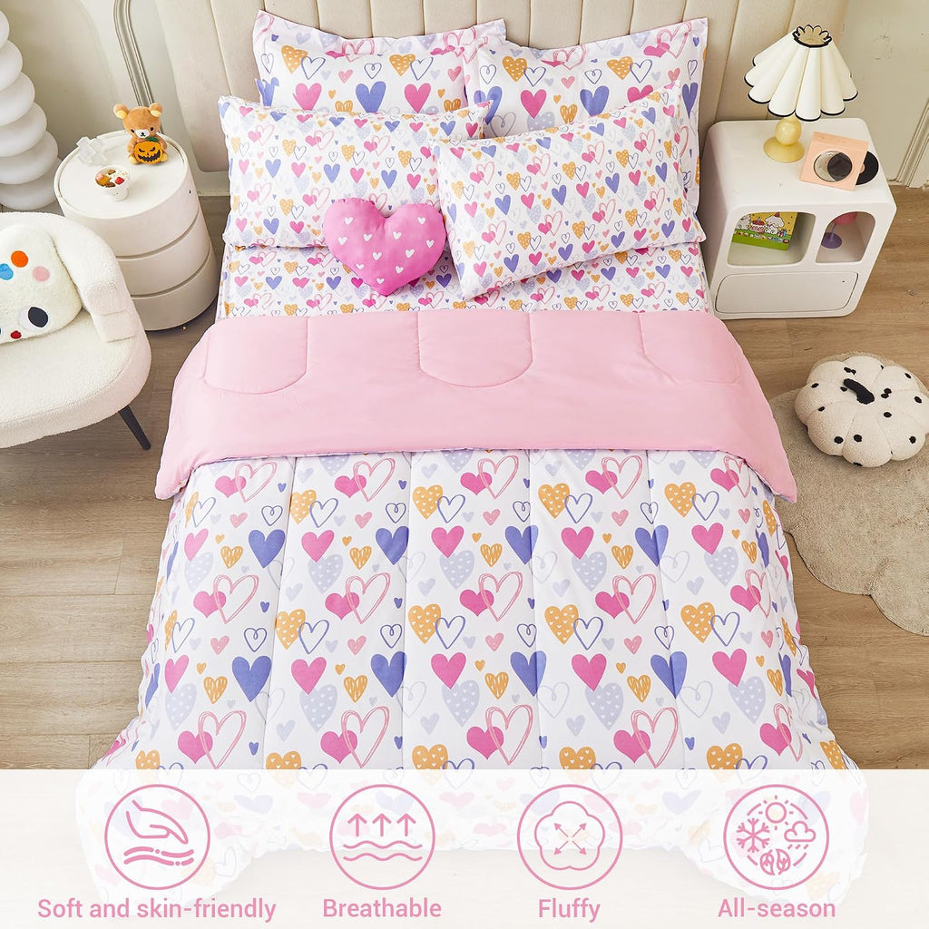 Comforter Sets for Girls Kids, 8 Pieces Bed in a Bag Pink Heart Bedding Comforter Sheet Set with Shams and