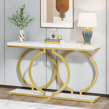 Gold Console Table, 55 inch Modern Entryway Table with Geometric Metal Frame, Faux Marble Narrow Long Sofa Table