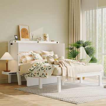 Foldable Murphy Cabinet Bed with Removable Shelves on Each Side and Desk, Queen Wood Murphy Bed with USB Port for Bedroom, White