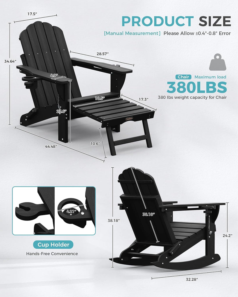 Folding Adirondack Rocking Chairs Set of 2 with Retractable Ottoman, 4-in-1 Outdoor Adjustable Adirondack Chair with