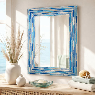24"x30" Frameless Blues Mosaic Bathroom Vanity Mirror, Reeded Tiled Printed Glass Rectangle Wall Mirror, Decorative