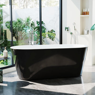 59 Inch Freestanding Bathtub, Acrylic, Deep Soaking Tub with Non-Slip Base, Modern Black Free Standing Tub for