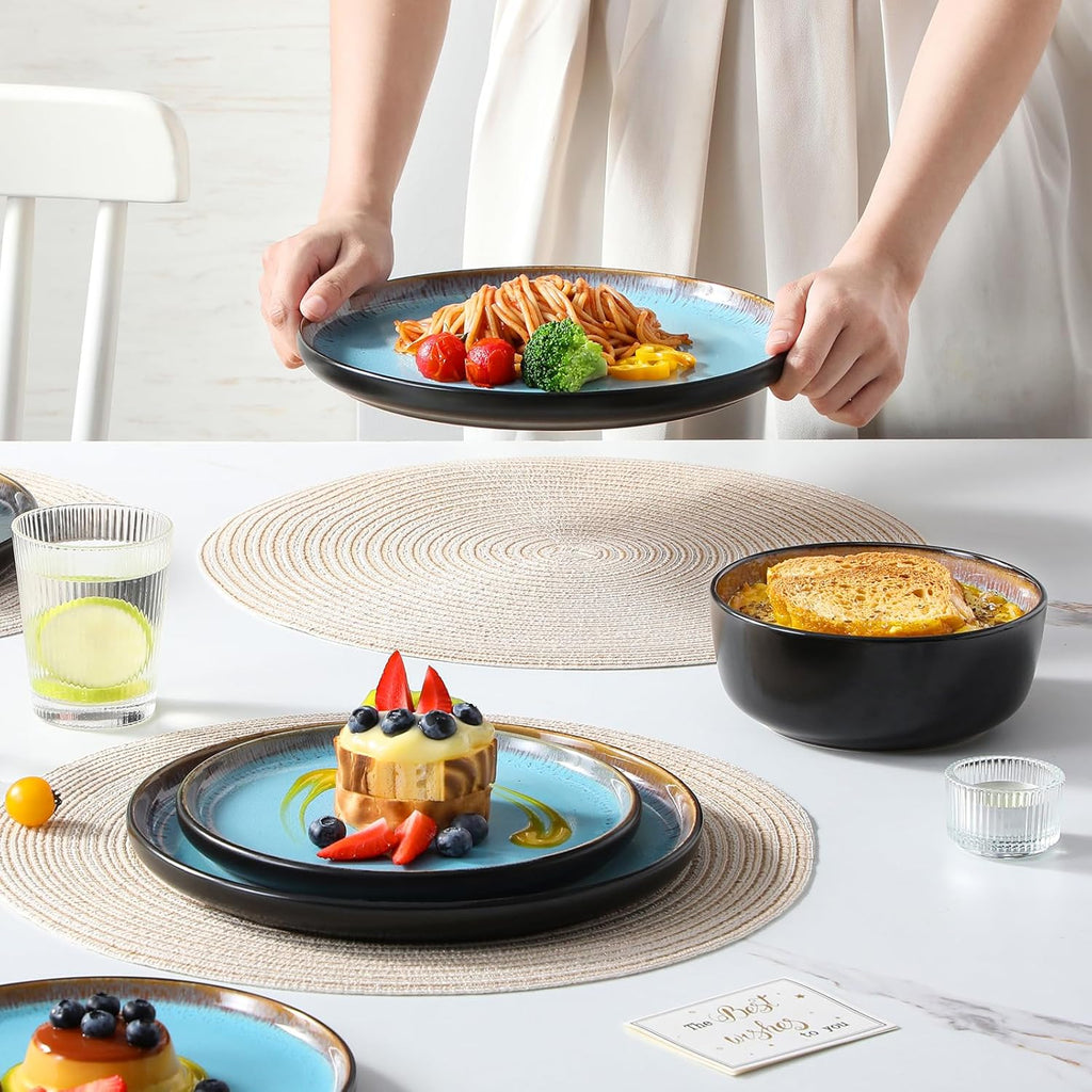 Plates and Bowls Sets, 18 Pieces Stoneware Dinnerware Sets for 6