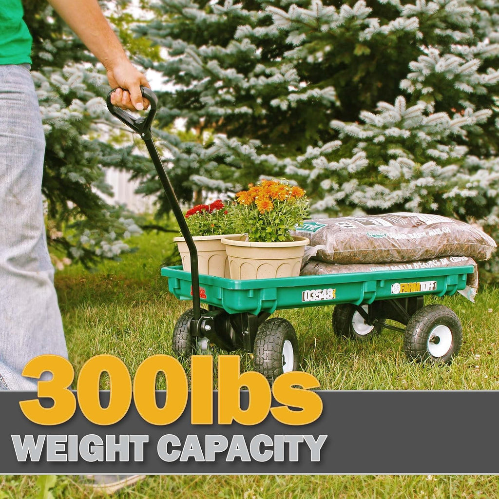 Durable Plastic Deck Green Garden Wagon, 38" x 20" - Heavy-Duty Poly Utility Cart with Pneumatic Tires, 300lb