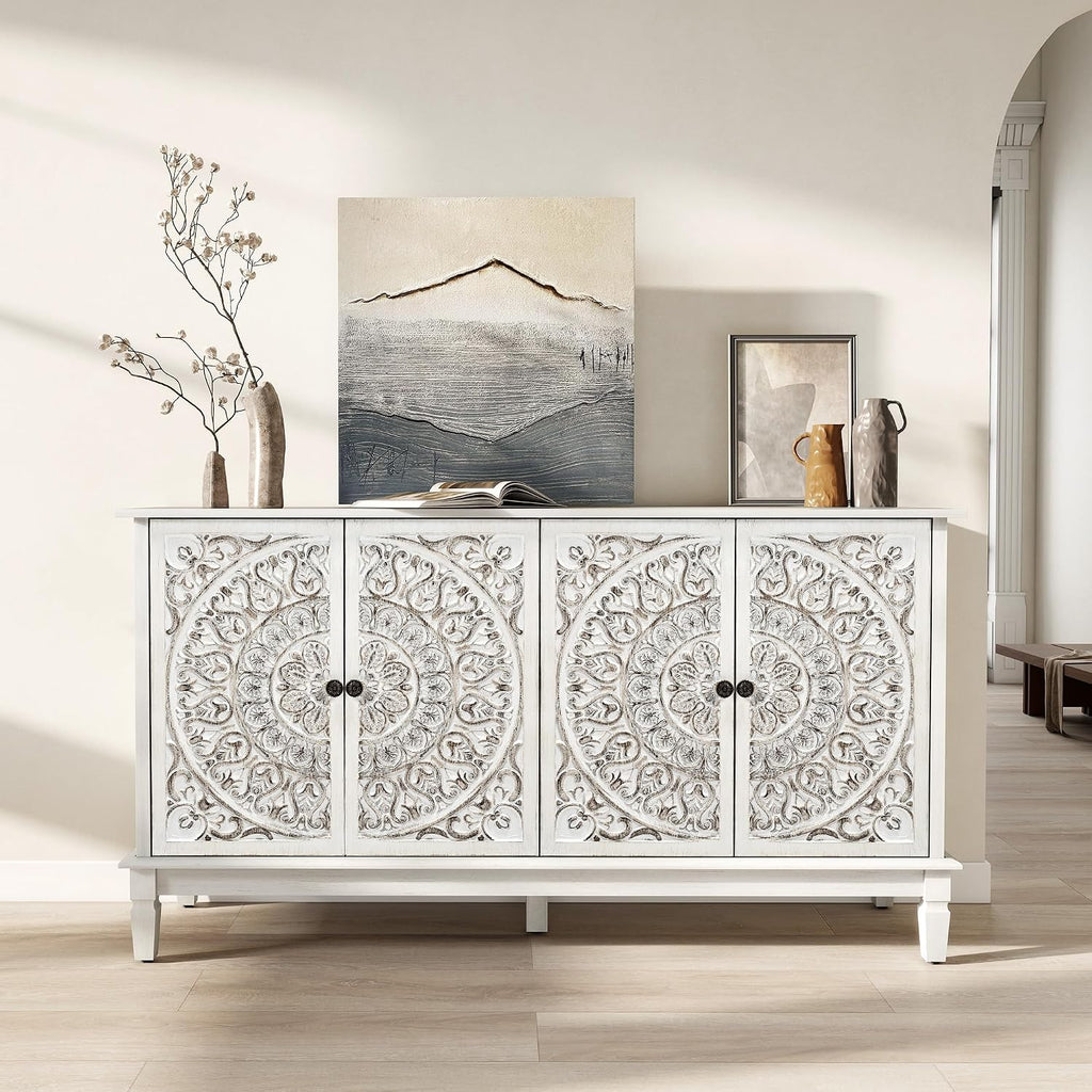 Buffet Cabinet with Storage, Accent Cabinet with 4 Carved Doors, Solid Wood Sideboard with Adjustable Shelf, Vintage