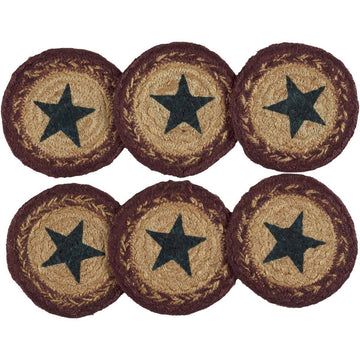 Potomac Star Textured Jute Primitive Tabletop Kitchen Stenciled Round Coaster Set of 6, Natural Tan