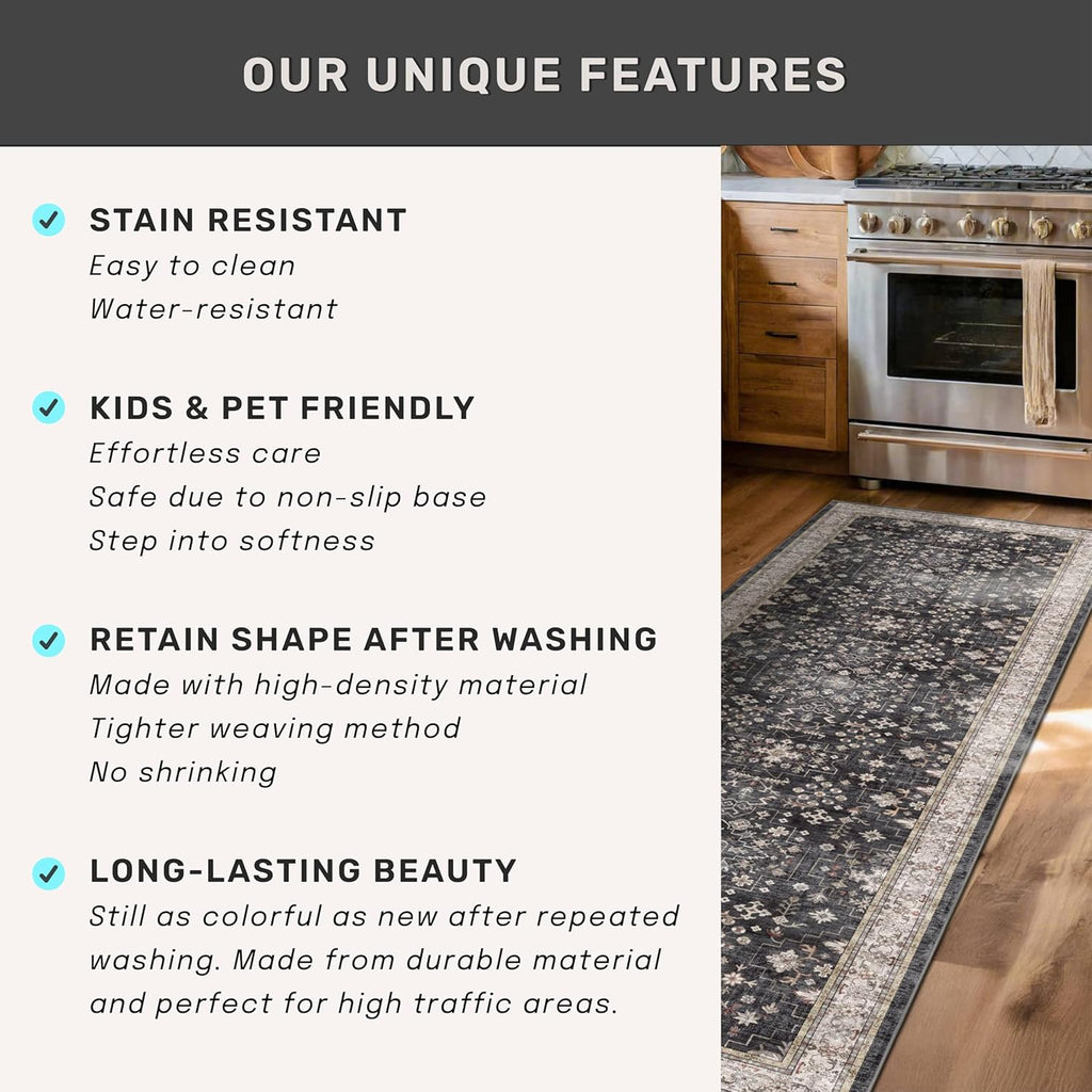 Black Washable 10ft Long Runners for Hallways, 2'6"x10' Wide Kitchen Runner Rug, Entryway Indoor Rug, Non Slip Rubber