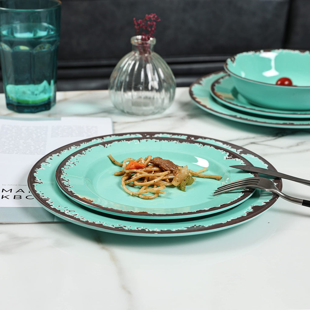 Rustic Melamine Dinnerware Set,12pcs Plates and Bowls Sets-Green