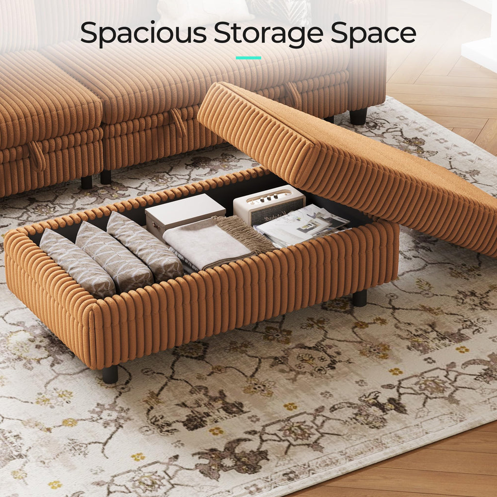 Sectional Sleeper Sofa Storage Ottoman Bench, Convertible Coffee Table Plush Corduroy Couch Ottoman Footstool