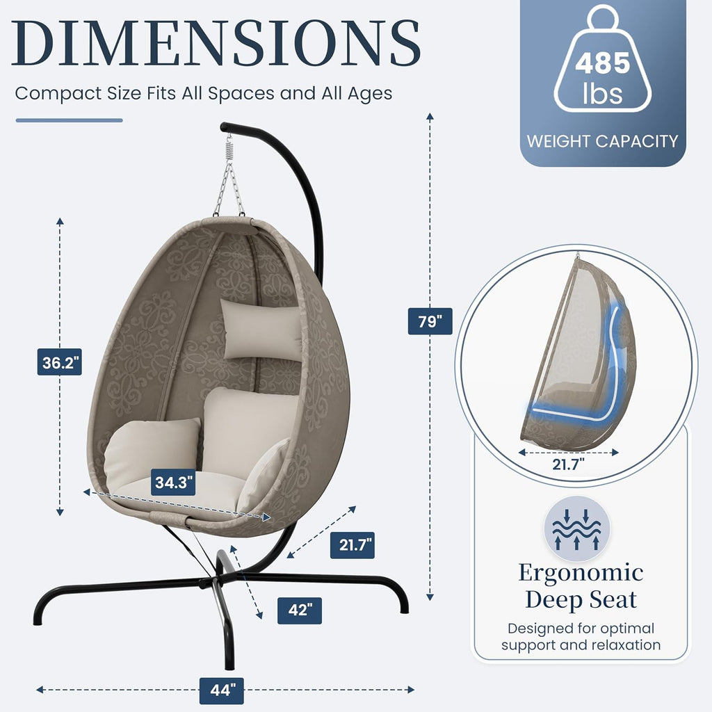 Hanging Egg Chair with Stand Indoor Outdoor, Foldable Outdoor Egg Swing Chair with Cushion, 485LBS Capacity Textilene
