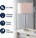 29" Clear/Chrome Modern Glass Table Lamp Bedroom, Minimalist Nightstand Bedside Lamp, White Linen Drum Shade