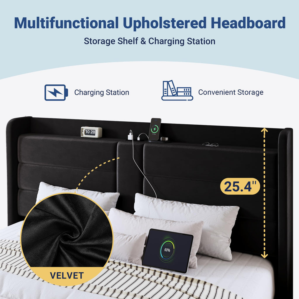 King Size Platform Bed Frame with Charging Station & Storage Headboard, Upholstered Velvet Wingback Design & USB