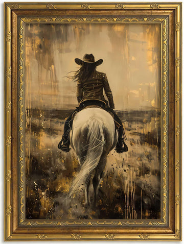 Gold Framed Western Cowgirl Wall Art, Equestrian Rider Canvas Print 12x16in