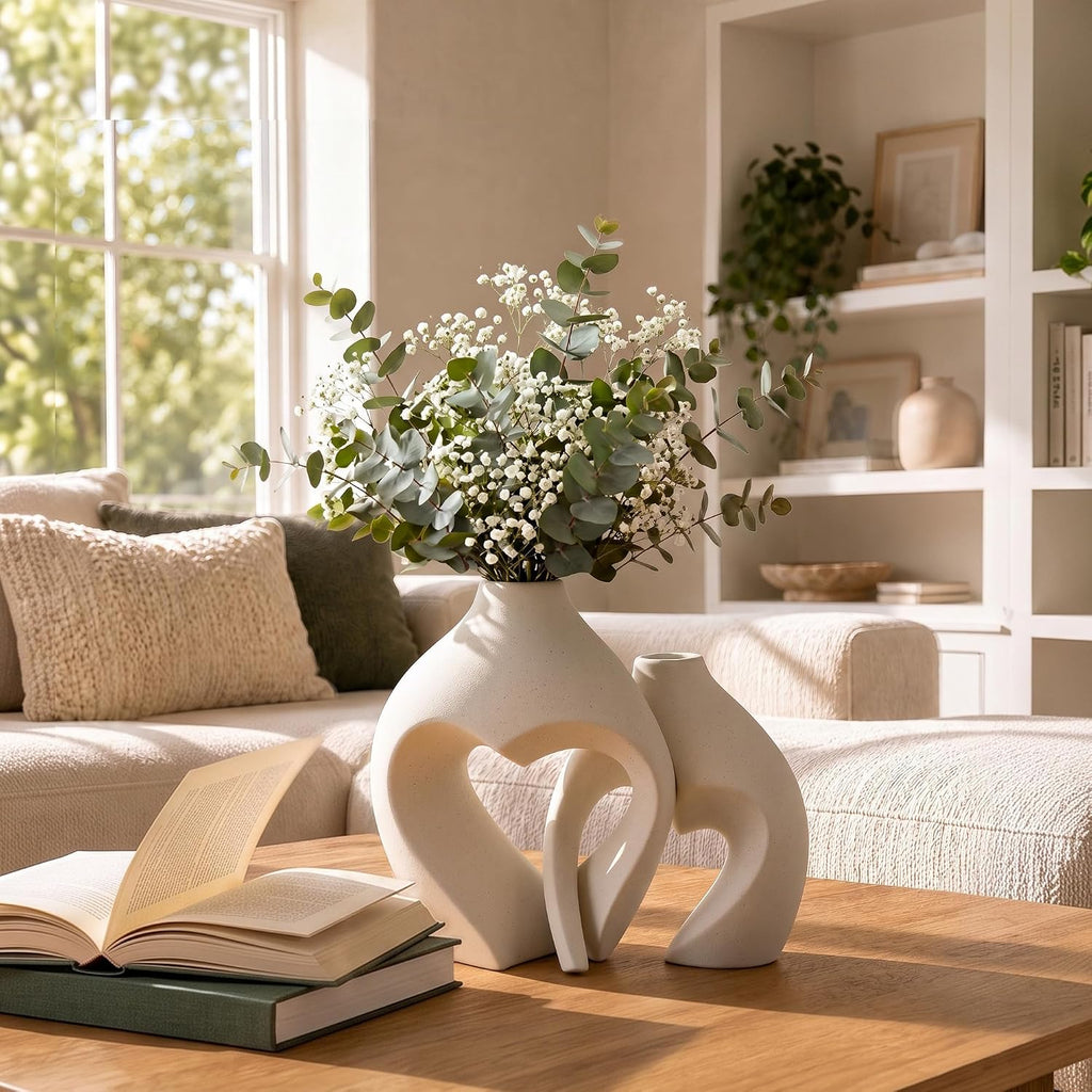 White Ceramic Flower Vase Home Table Decor Heart Shaped Vase Set of 2 | Boho Heart Shaped Minimalist Decorative Vases
