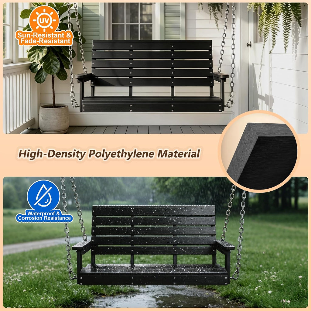 HDPE 2-Seat Outdoor Porch Swing, 660 LBS Hanging Swing Chair, Black | All-Weather & Fade Resistant, Adjustable