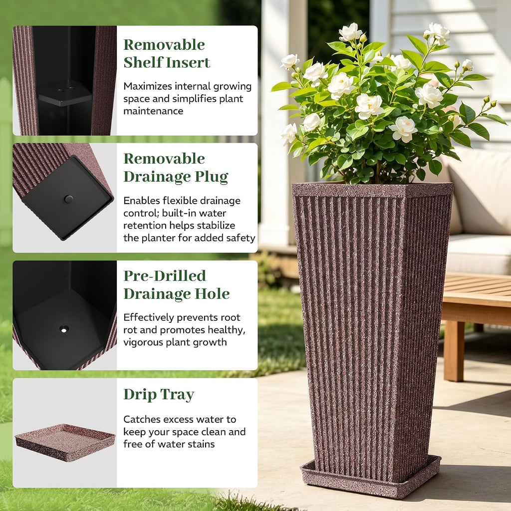 Square Tall Planters for Outdoor Plants with Tray - 24" Brown 2Pack | Weather-Resistant Plastics HDPE, Stone & Fluted