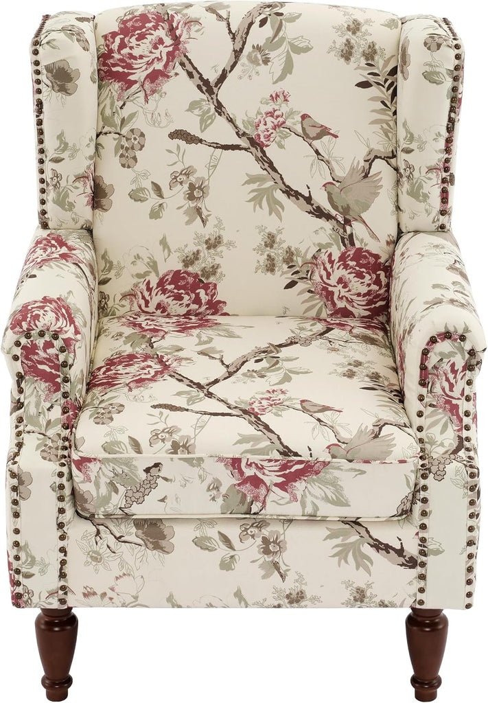 High Back Floral Accent Chair - Retro Wingback Upholstered Armchair with Nailhead Trim, Solid Wood Legs, Fabric