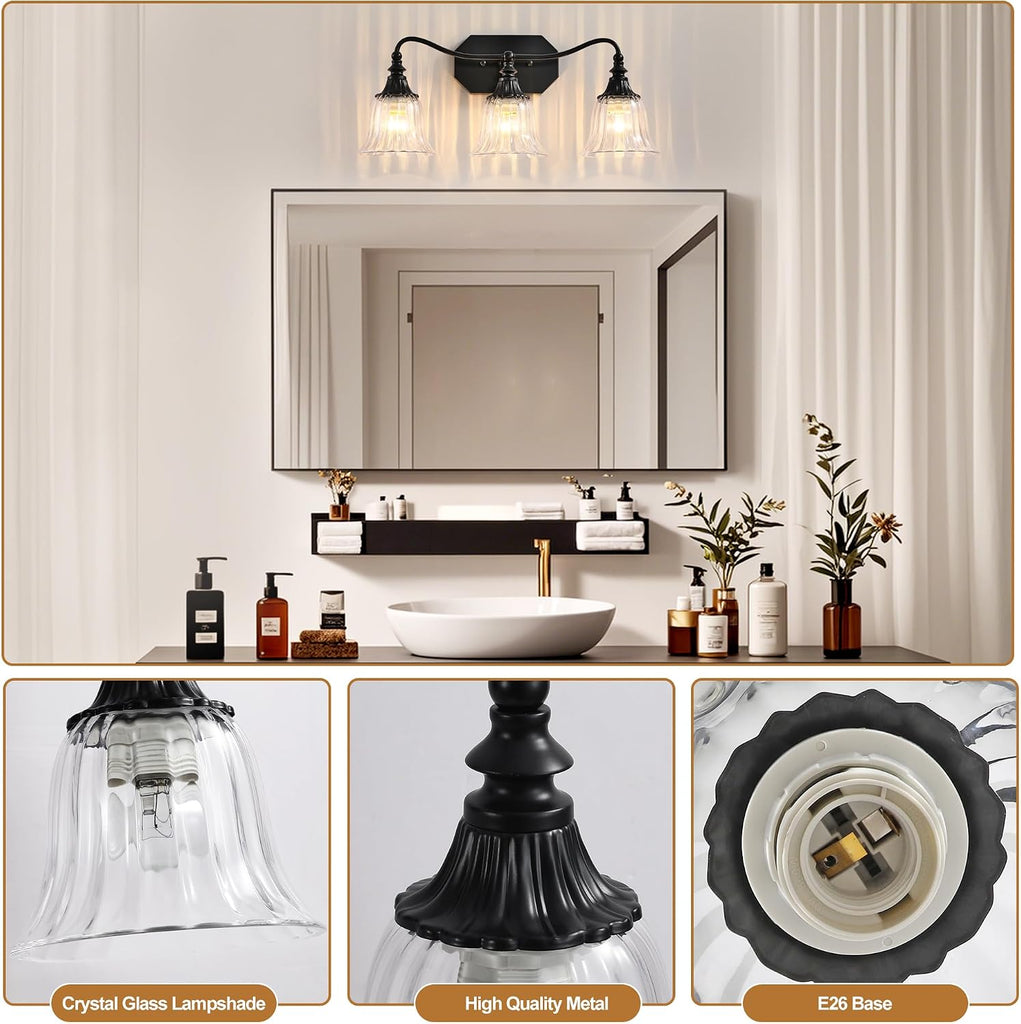 3-Light Bathroom Vanity Light, Matte Black with Crystal Glass Shade | Metal Material,Mounted Over Mirror, Easy To