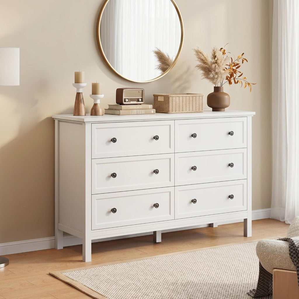 White Dresser , 6 Drawer Dresser with Wide Drawer and Metal Handles, Wood Dressers & Chests of Drawers .