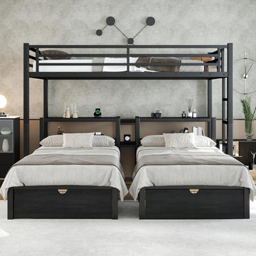 Full XL Over Twin Over Twin Triple Bunk Beds with Storage Drawers, Shelves