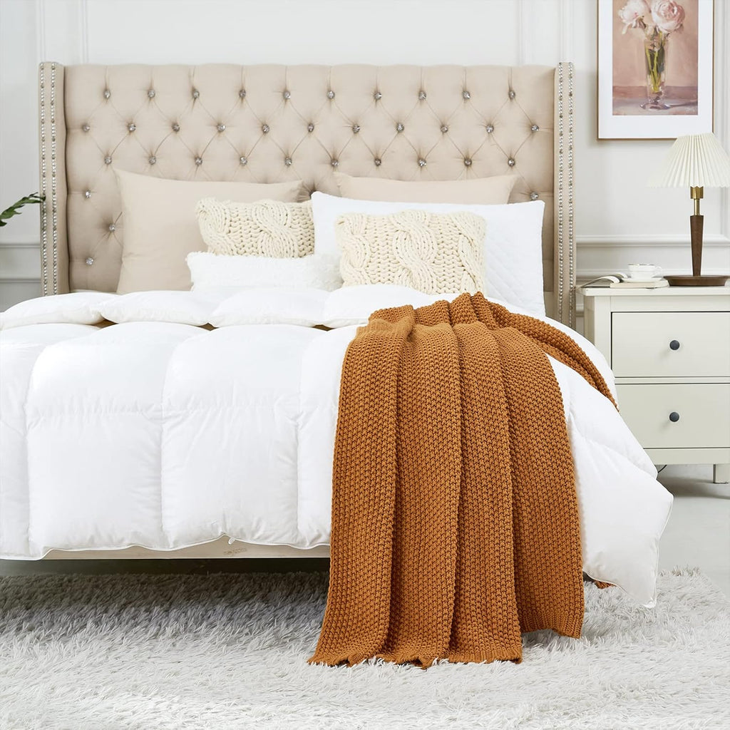 Chunky Cable Knit Throw Blanket Lightweight Burnt Orange 100% Organic Cotton Blanket, Rustic Shabby Chic Modern