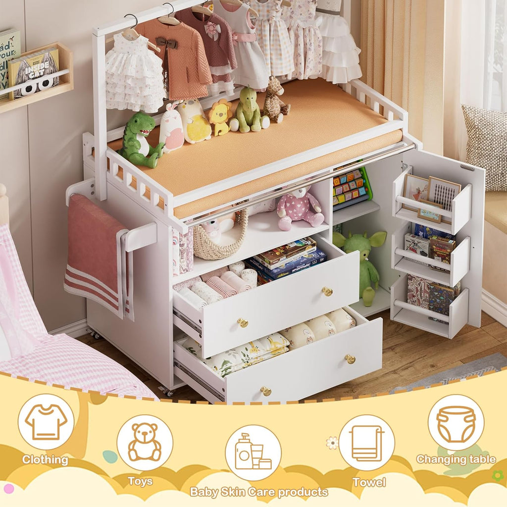 Baby Changing Table, Infant Diaper Changing Station with Wheels & Wide Table Top & Clothes Rail, Baby Changing Table