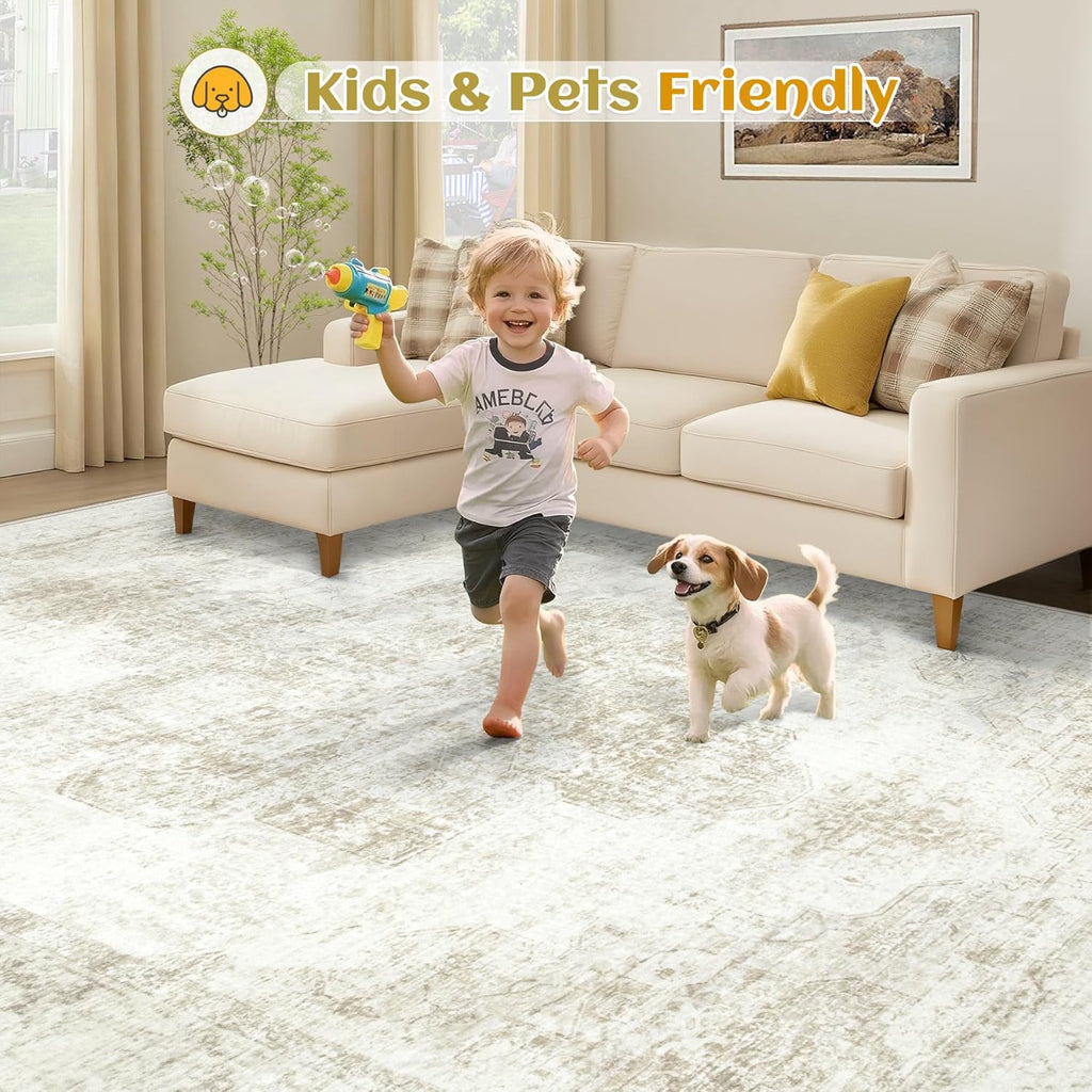 6x9 Washable Vintage Medallion Area Rug, Soft Non-Slip Carpet for Living Room Bedroom Beige
