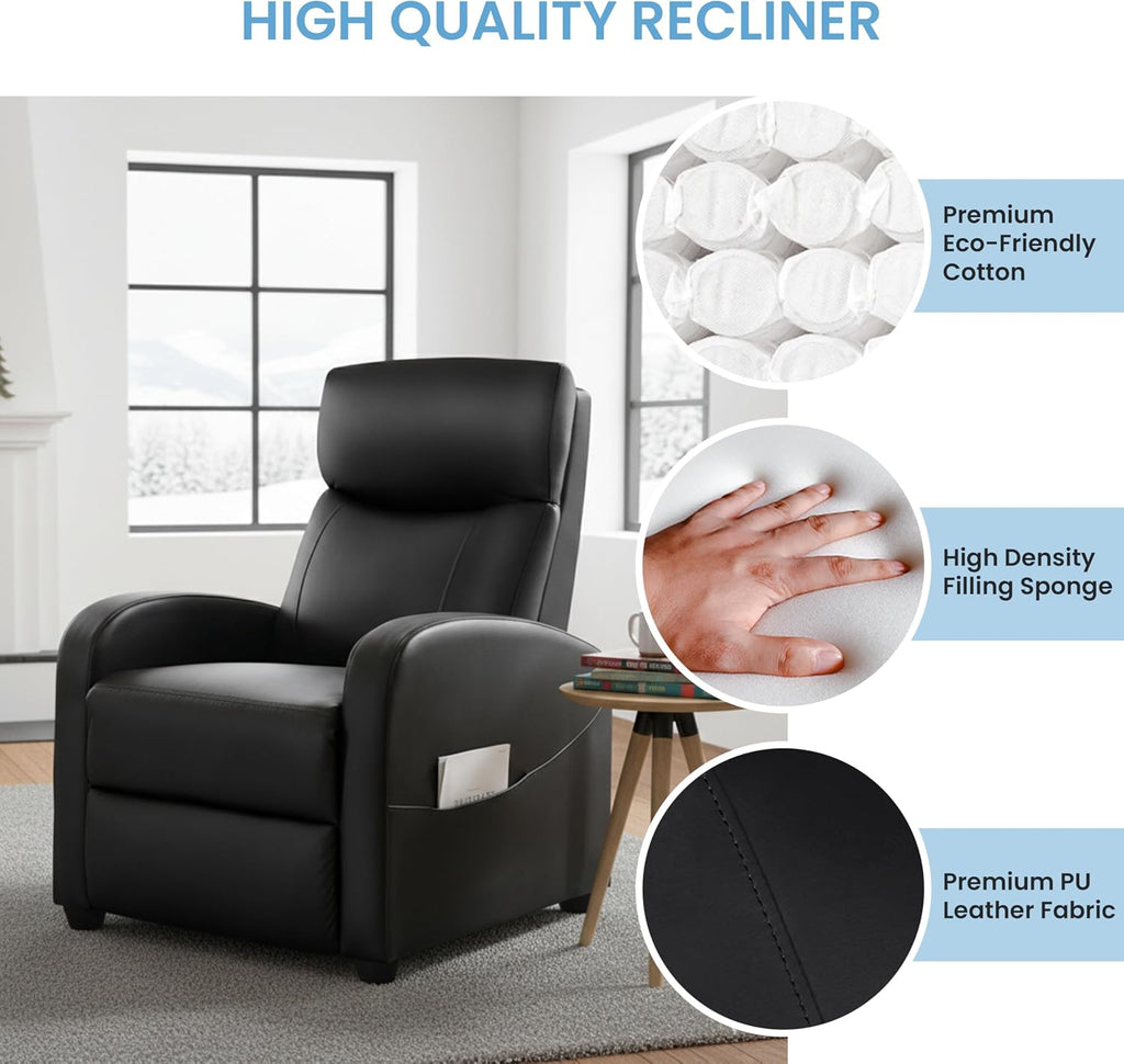 Recliner Chair - Adjustable Push Back PU Leather Recliner, Plush Reading Chair & Luxe Sofa Chair Chairs or Bedroom