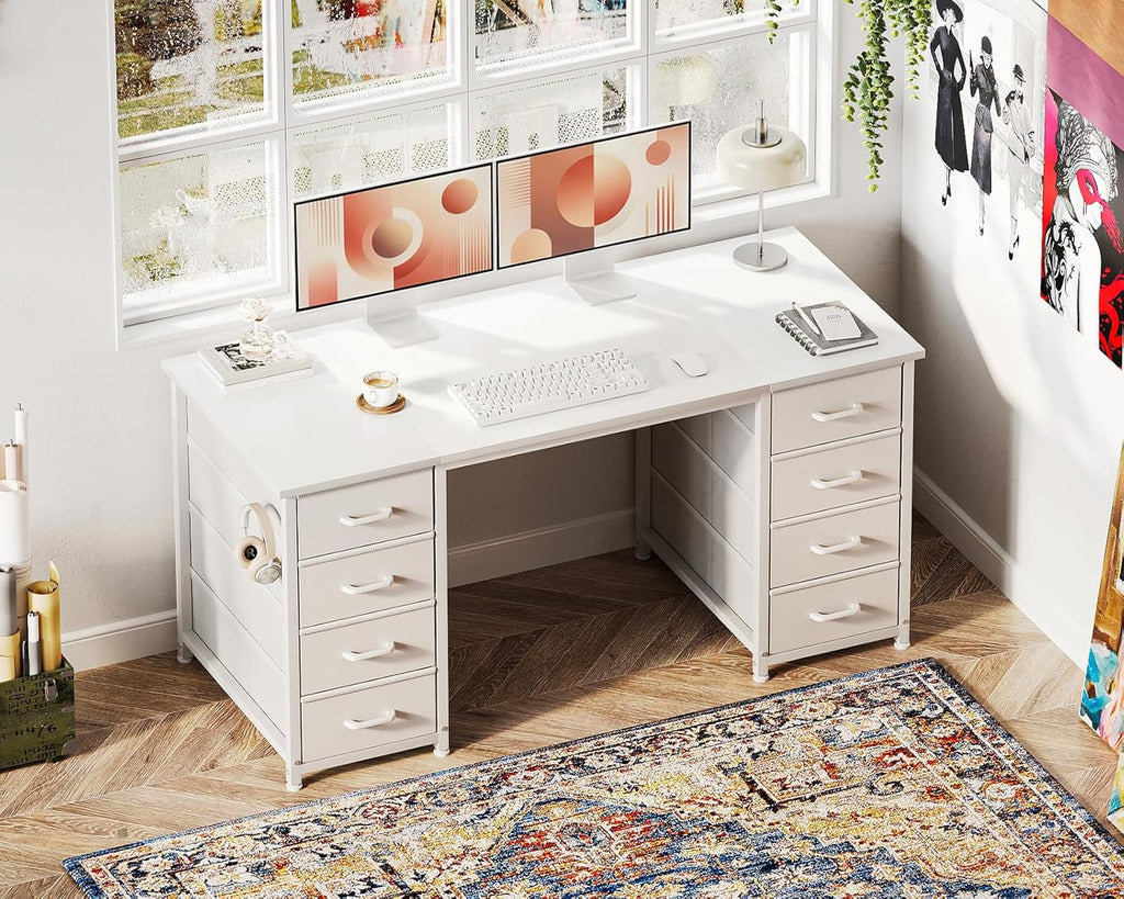 48 Inches Computer Desk with 8 Fabric Drawers, Modern Office Desk with Large Storage, Study, White