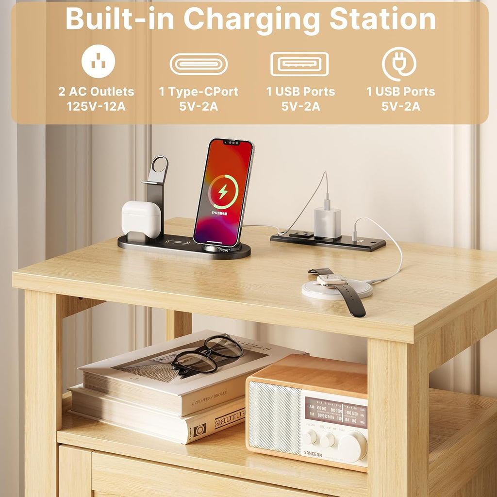 Farmhouse Nightstand with Charging Station, Modern End Tables with 2 Drawers & Open Shelf, Outlets, USB Ports and