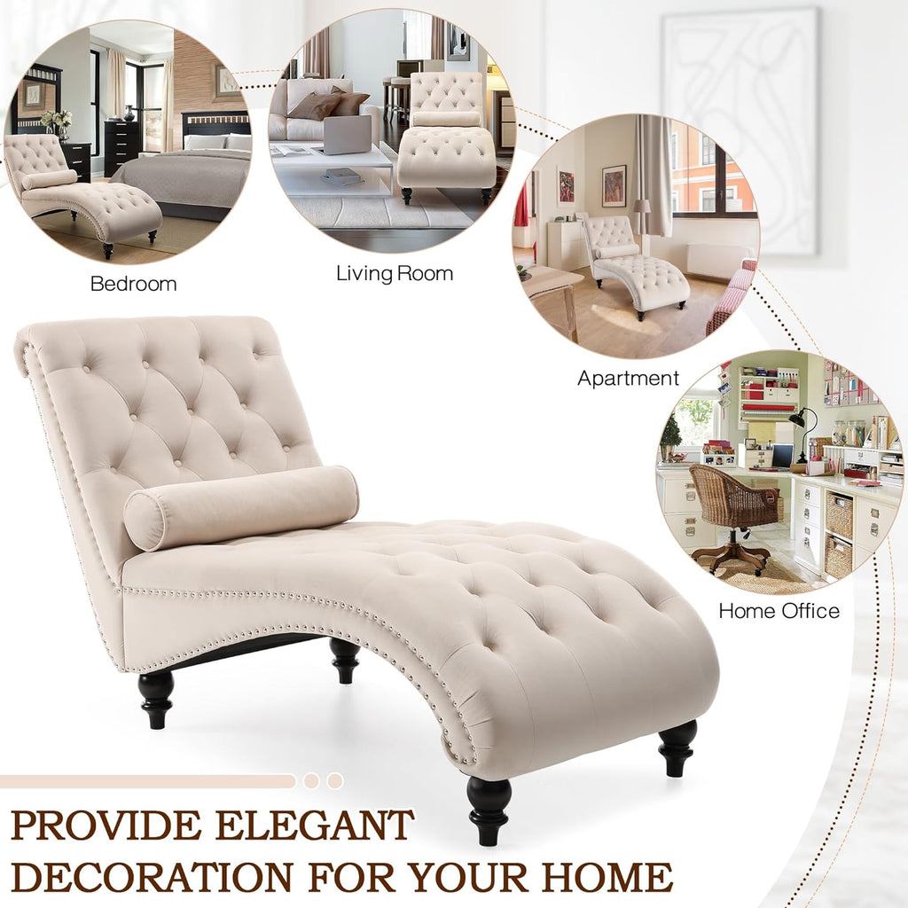 Chaise Lounge Chair Indoor, Modern Velvet Upholstered Sofa with Solid Wooden Leg and Lumbar Pillow, Button Tufted