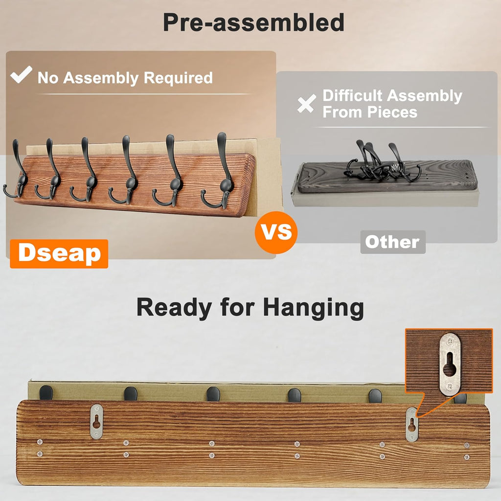 Coat Rack Wall Mounted - 24" Long 6 Tri Hooks, Heavy Duty Wooden Wall Coat Hanger Coat Hook for Clothes Hat Jacket