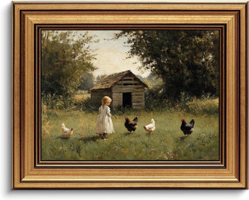 Gold Framed Country Canvas Wall Art, Vintage Farm Girl with Chickens Poster Print, Rustic Landscape Painting Picture