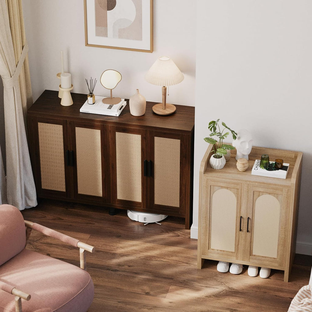 Rattan Buffet Cabinet with Storage, Sideboard Cabinet with Doors and Adjustable Shelves