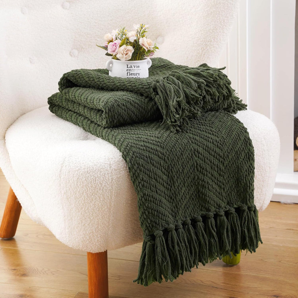 Olive Green Chenille Throw Blanket, Knit Throw Blanket,Super Soft Warm Home Decor Throw Blanket with Tassels,50" x 60"