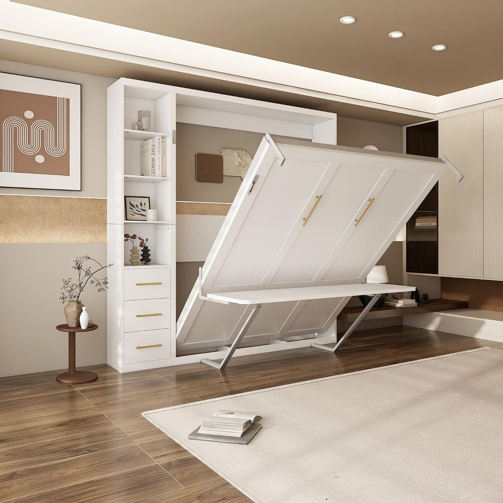 Queen Murphy Bed with Desk and Side Storage, Foldable Wall Bed with Drawers and Shelves, Space-Saving Cabinet Bed for