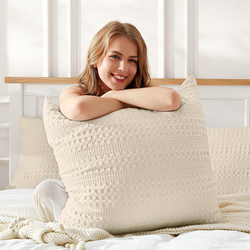 100% Coton Waffle Weave Euro Shams 2 Pack, Soft Aesthetic Throw Pillow Covers for Elegant Home Decor, Breathable