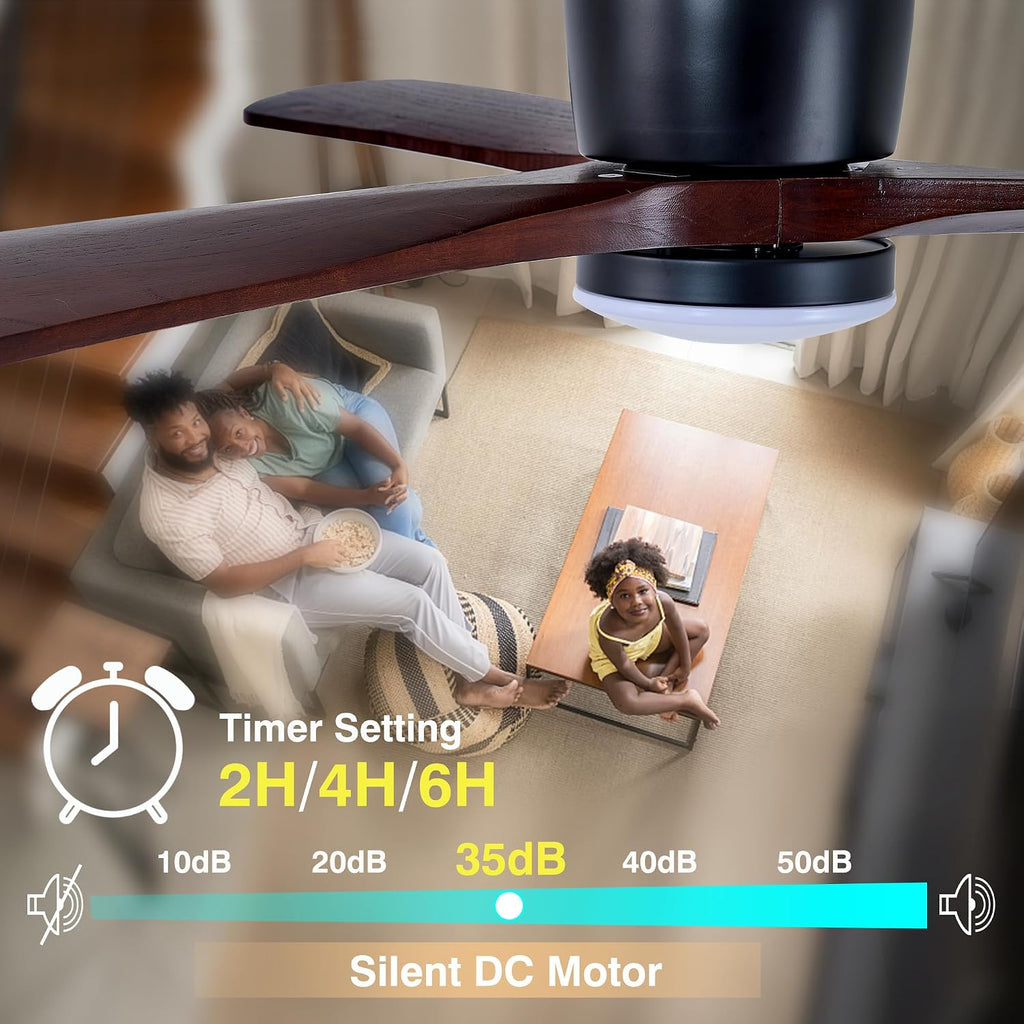 Modern 60 Inch Low Profile Flush Mount Ceiling Hugger Fan with LED Lights and Remote Control - 3 Wood Blades, Reversible DC Motor, 6 Speeds - Walnut and Matte Black