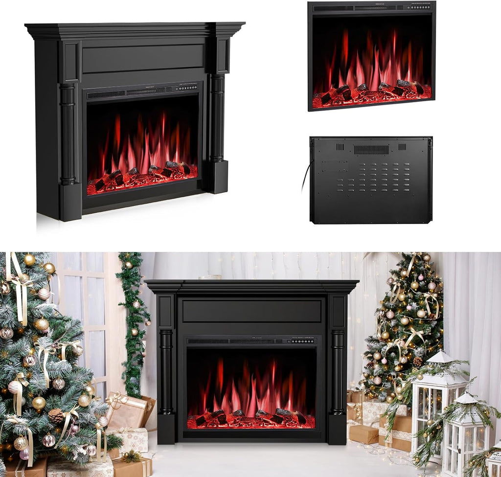 55" Freestanding Electric Fireplace, Fireplace TV Stand Wooden Mantel with Remote Control, 4 Flame Colors & 12 Ember