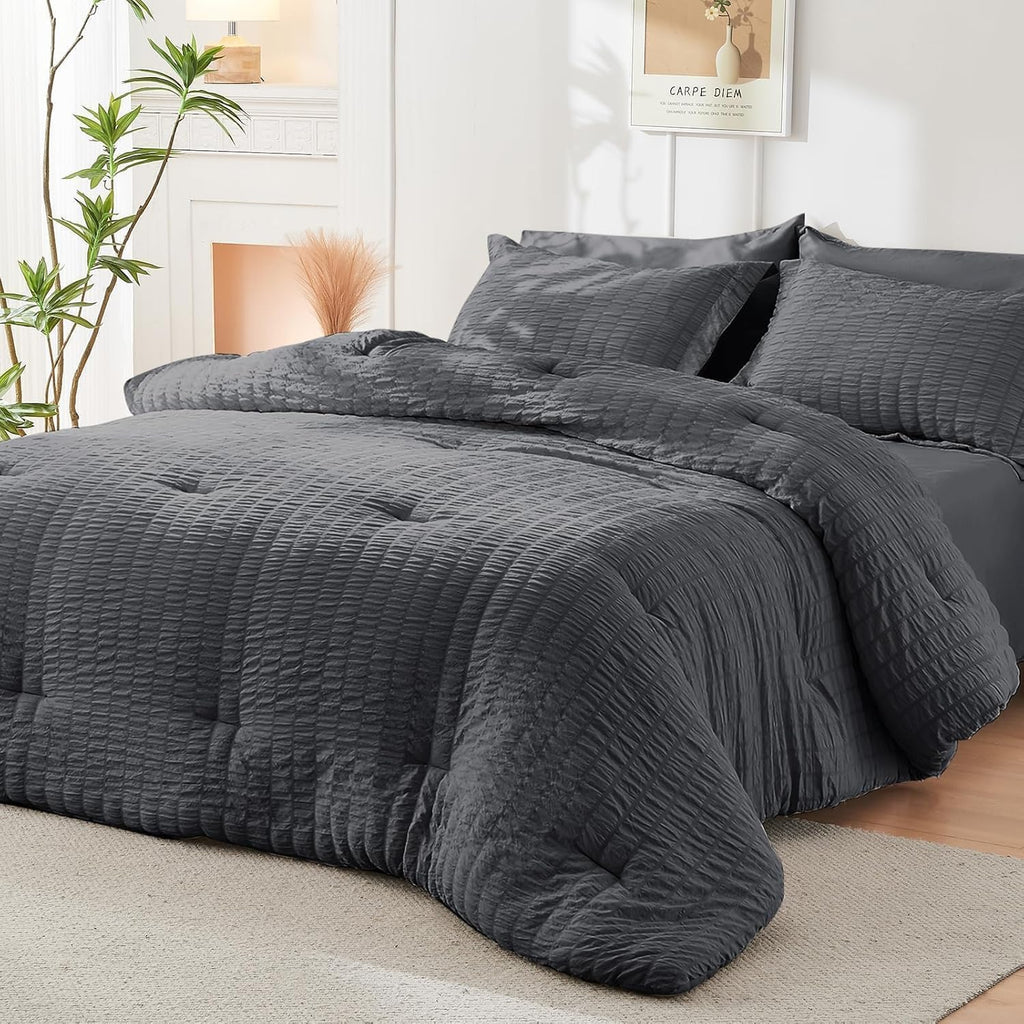 7 Piece Comforter Set Seersucker, All Season Luxury Bed in a Bag, Bedding Set with Comforters, Sheets