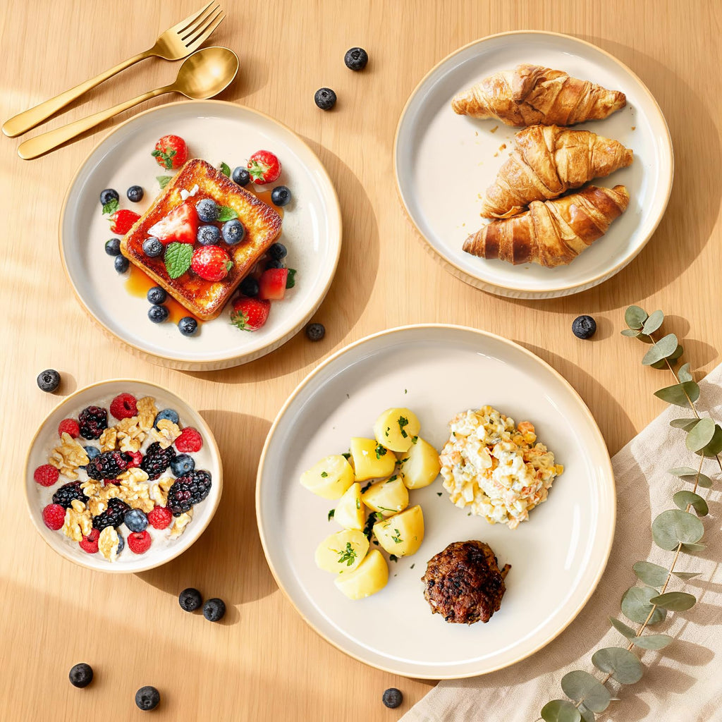 Stoneware Dinnerware Sets for 4, 12 Pcs Ribbed Reactive Glaze Ceramic Plates and Bowls Sets, Chip Resistant