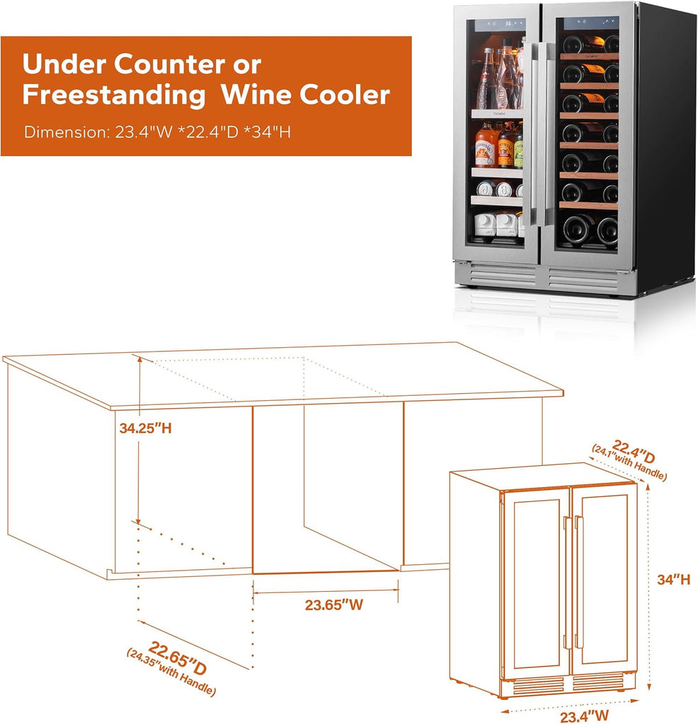 24 Inch Wine and Beverage Refrigerator, 60 Can and 20 Bottle Wine Fridge 36-72°F