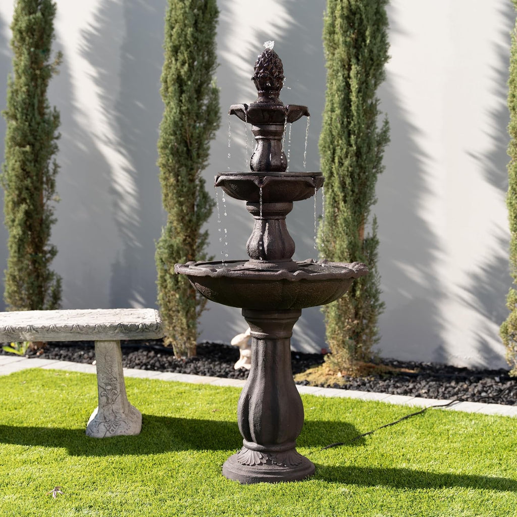 51" 3-Tier Outdoor Waterfall Fountain, Weather-Resistant Resin Freestanding Water Feature with Pump, Brown