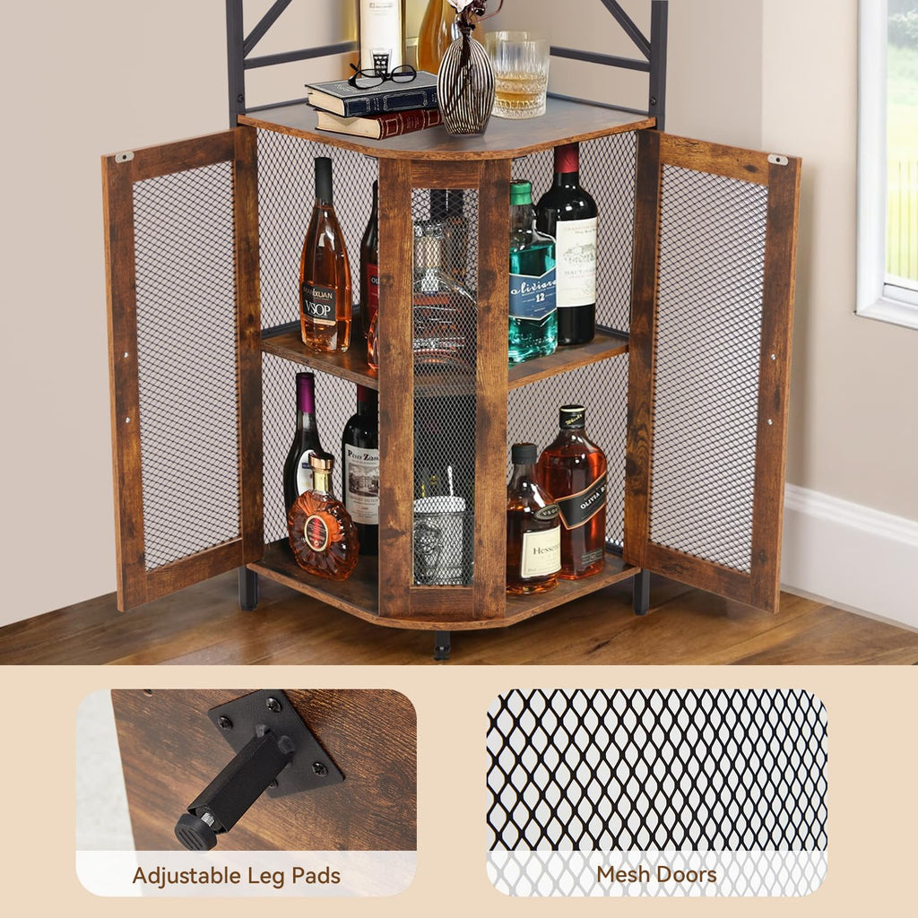 Corner Bar Cabinet with Built-in AC Charging Socket, 5-Tiers Wine Bar Cabinet with Ambient LED Lighting and Glass